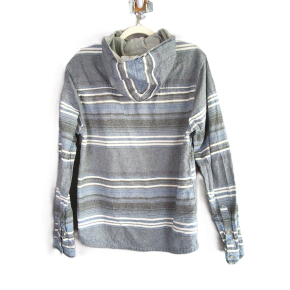 Tentree‎ Shirt Mens L Blue Striped Linen Cotton Hood - Picture 8 of 8